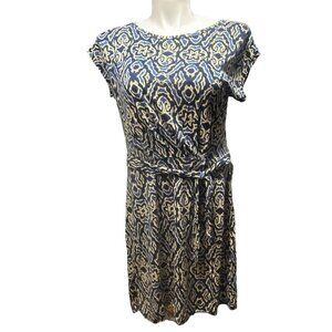 Boden Blue and Cream Ikat Tie Waist Tencel Lyocell Short Sleeve‎ Dress Size 10